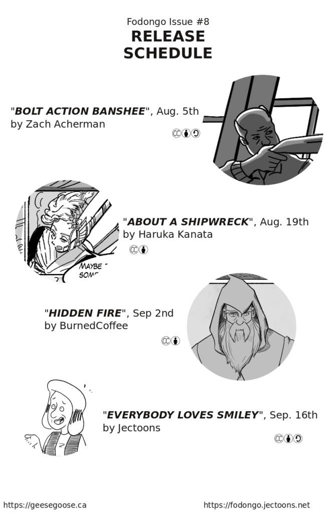 Release schedule for issue 8 comics. Bolt action banshee Aug 5th, About a shipwreck aug 19th, Hidden fire sep 2nd, Everybody Loves Smiley Sep 16th.