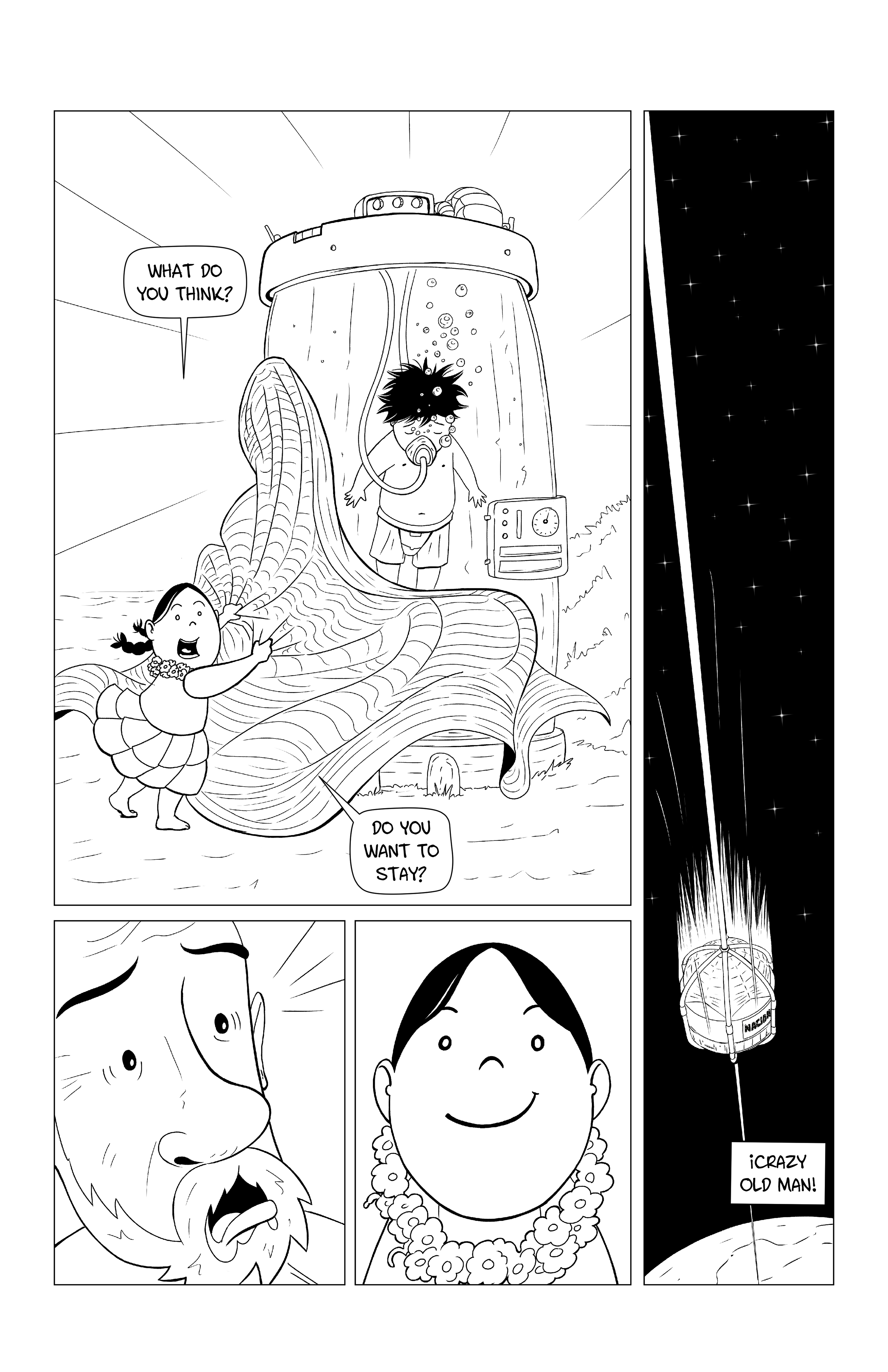 The little girl pulls a blanket from off a container where presumably a clone of Choque is in stasis. She smiles at the old Choque and says 'What do you think? Do you want to stay?'. Choque is appalled and the girl jus smiles. Then we see the space elevator going down back to earth. Narration reads 'Crazy old man!'