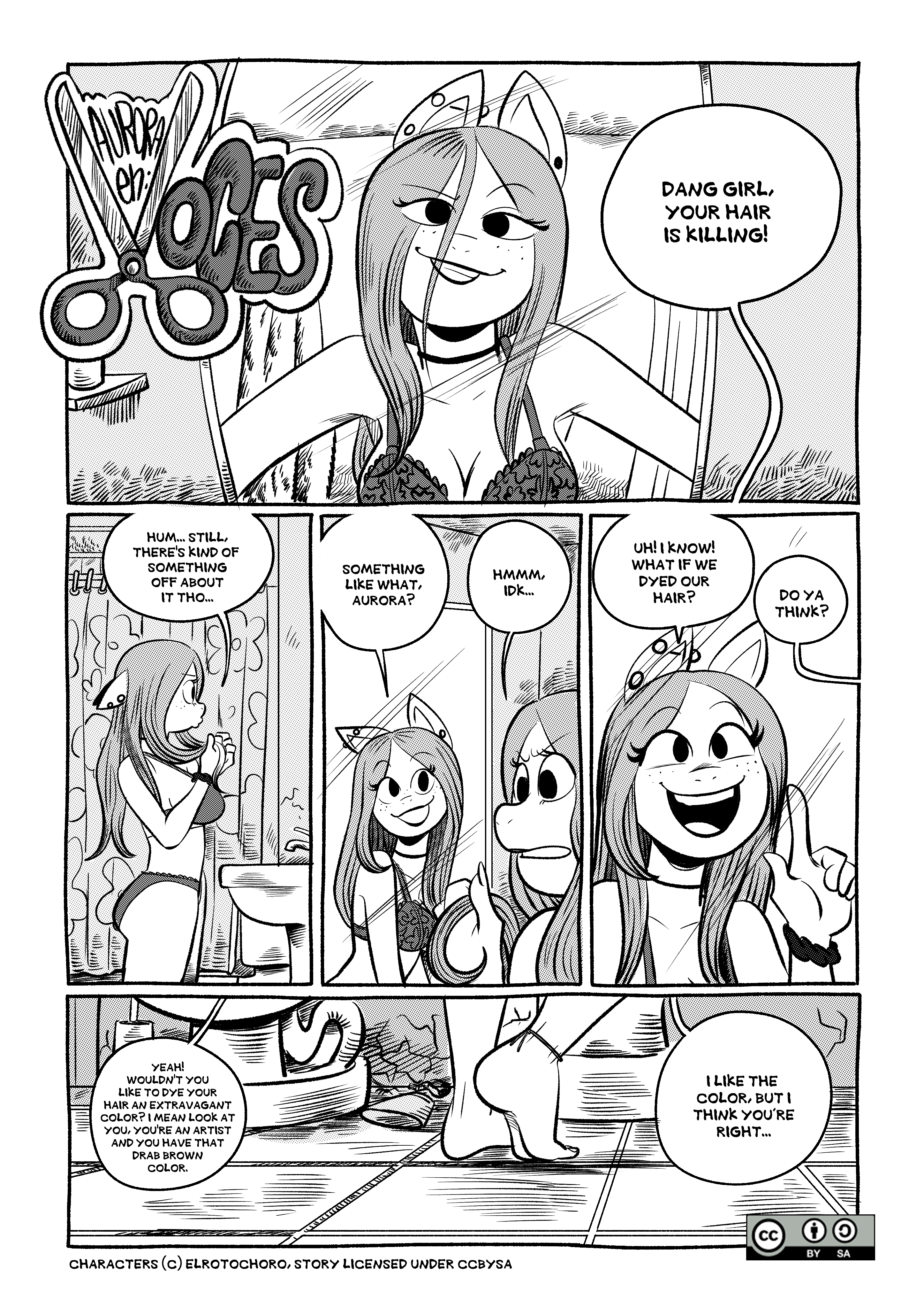 First page of ElRotoChoro's 'Voces'. Aurora, a horse girl, is looking at herself in the mirror and admiring her hair. She is in her underwear. She says 'Dang girl, your hair is killing! Hum... still, there's kind of something off about it tho...'. Her reflection talks back to her. 'Something like what, Aurora?' She replies, holding her hair 'Hmmm idk...'. The reflection suggests 'Uh! I know! What if we dyed our hair?', and real Aurora replies 'Do ya think?'. As we see her feet, we hear Mirror Aurora say 'Yeah! Wouldn'g you like to dye your hair an extravagant color? I mean look at you, you're an artist and you have that drab brown color.' Aurora replies 'I like the color, but I think you're right...'