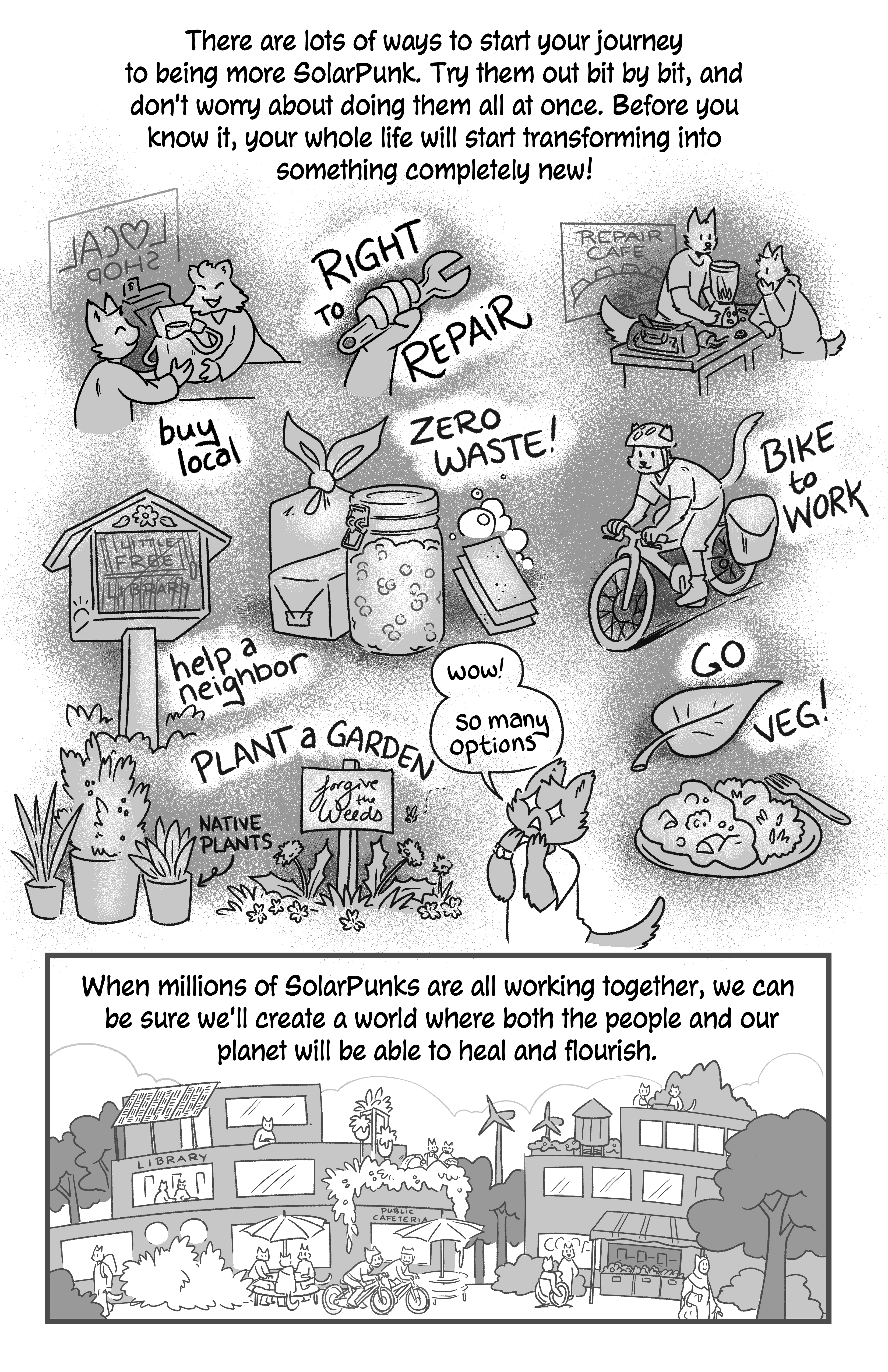 Narration reads: ' There are lots of ways to start your journey to being more SolarPunk. Try them out bit by bit, and don't worry about doing them all at once. Before you know it, your whole life will start transforming into something completely new!'. We see an assortment of options. A cat buying local, a cat going to a Repair Cafe, a little Free Library, using zero waste products, a cat biking to work, a garden planted with native plants, and a vegan dish. The cat from the beginning says 'Wow! So many options!'. Then we see a thriving community with a library that uses solar panels, a bunch of wind turbines, little cafeterias, produce markets, bikers, small rise buildings, etc. Narration says: 'When millions of SolarPunks are all working together, we can be sure we'll create a world where both the people and our planeet will be able to heal and flourish.'