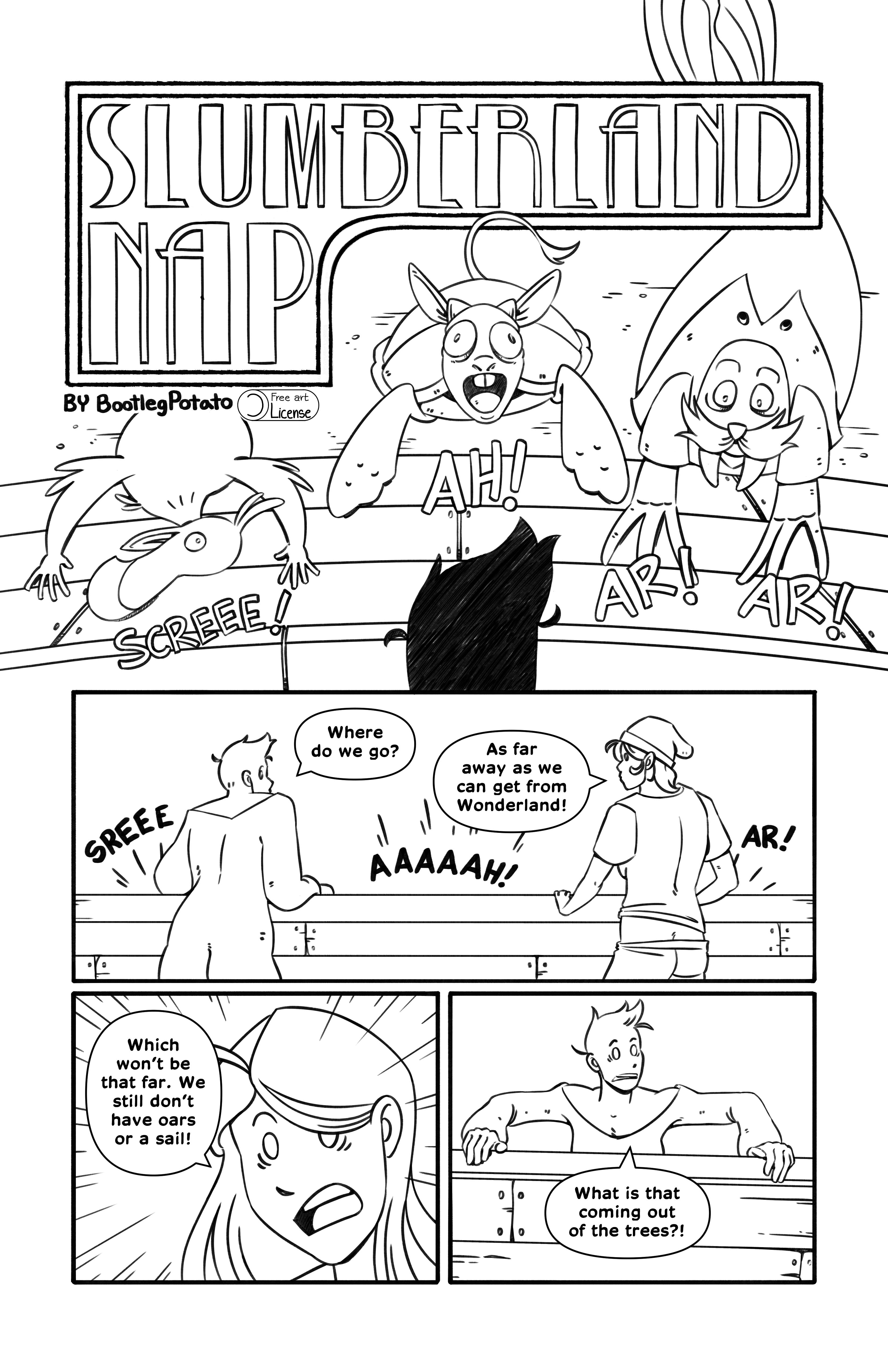 The dodo, mock turtle and walrus claw at the ship, making noises. Jules asks Tip 'Where do we go?', and Tip replies 'As far away as we can get from Wonderland!'. Nibs reminds them, concerned 'Which won't be that far. We still don't have oars or a sail!'. Jules notices something far away and says 'What is that coming out of the trees?!'