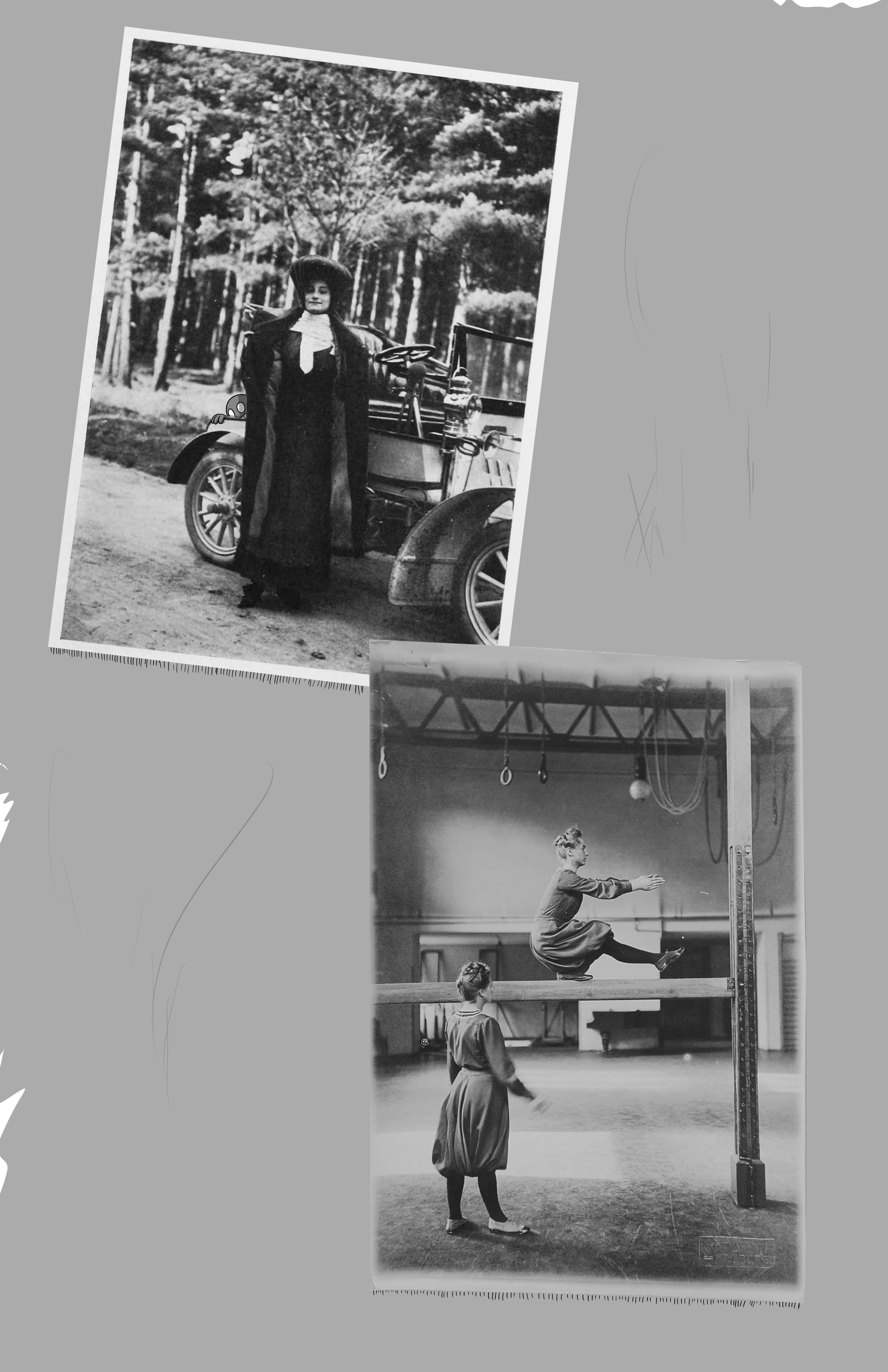 In this page there are two photographs. First one has a woman in stylish clothing standing next to a car, and the Smiley peeks from behind the car. The second one has two women practicing gymnastics, and the Smiley peeks from a far away door frame.