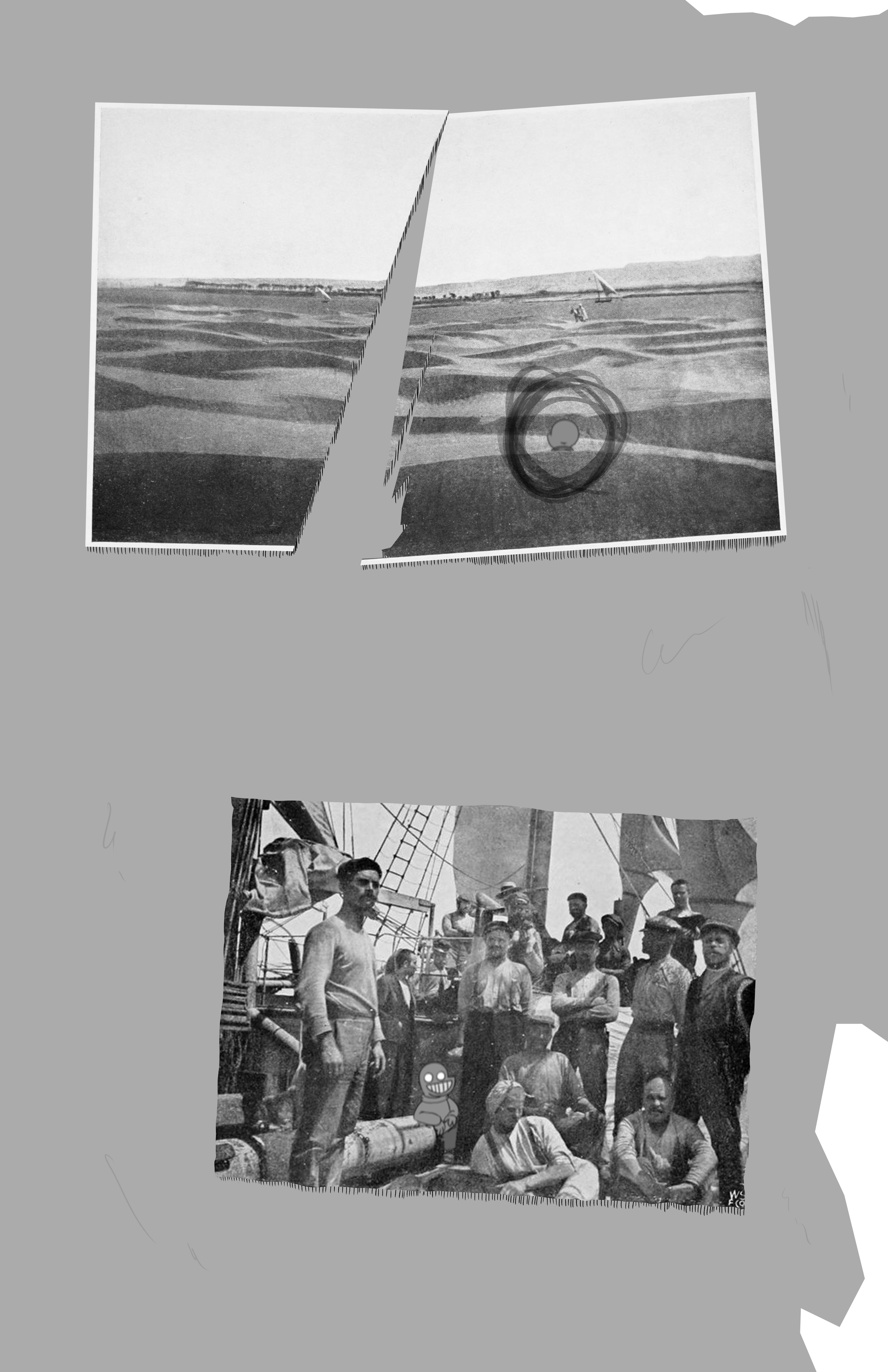 This is another page from the photo album. There's two photographs: one of sand dunes with the Smiley with its back to the camera looking away. The second one is of a crew of sailors on a ship who seemingly don't realize the Smiley is in their midst.