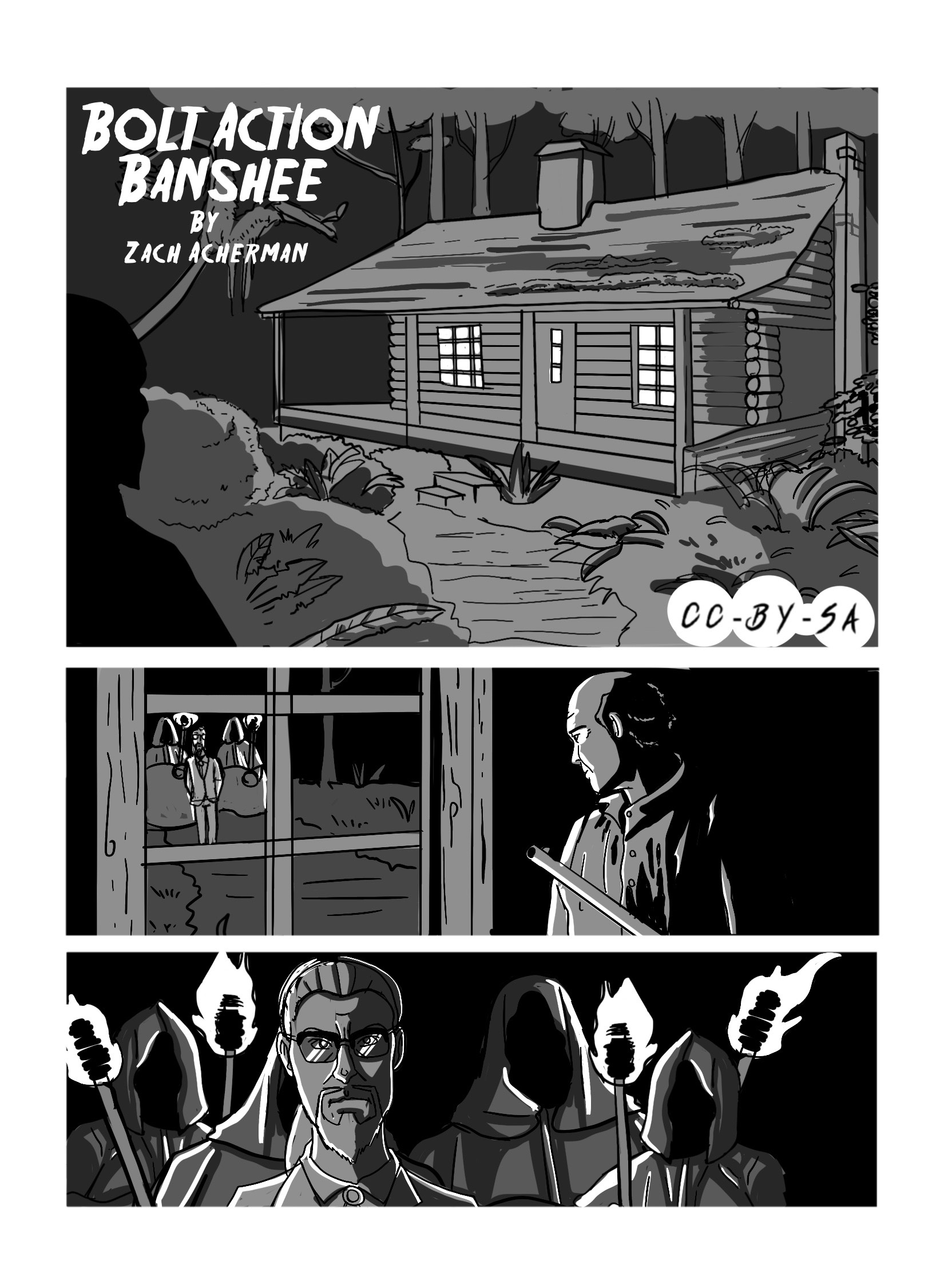 First page of Zach Acherman's 'Bolt Action Banshee', in which we see a cabin in the woods, and a man observing from the window how another man followed by a hooded mob with torches arrives.