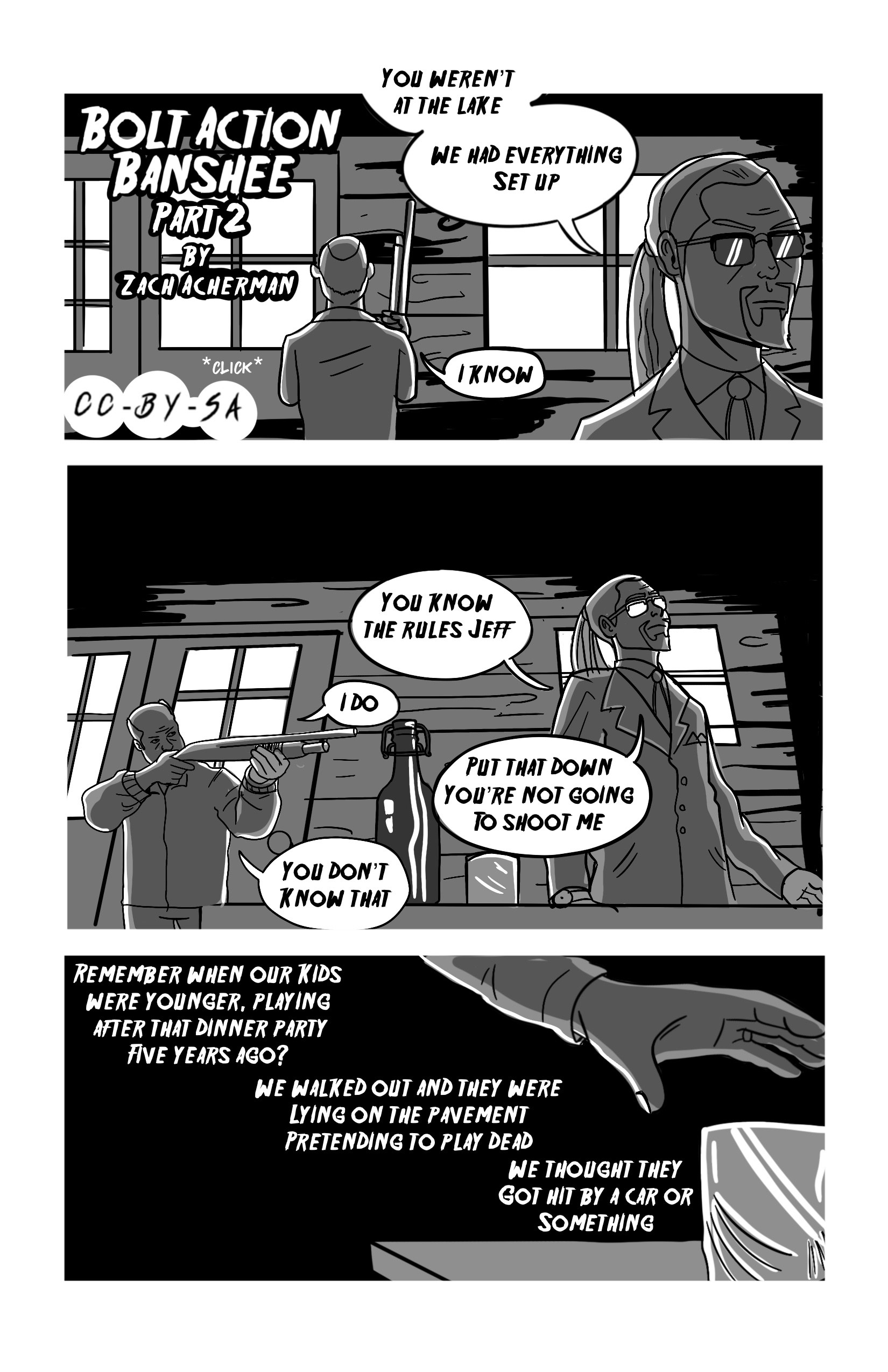 Here we see Lucien talking to Jeff inside the cabin. 'You weren't at the lake. We had everything set up.', Lucien says. 'I know.', replies Jeff. Then he points the shotgun at Lucien, who continues 'You know the rules, Jeff.' 'I do', replies Jeff. 'Put that down, you're not going to shoot me.'. Jeff keeps the gun up 'You don't know that'. Then Lucien reaches for a glass on the table. He says 'Remember when our kids were younger, playing after that dinner party five years ago? We walked out and thet were lying on the pavement, pretending to play dead. We thought they got hit by a car or something.'