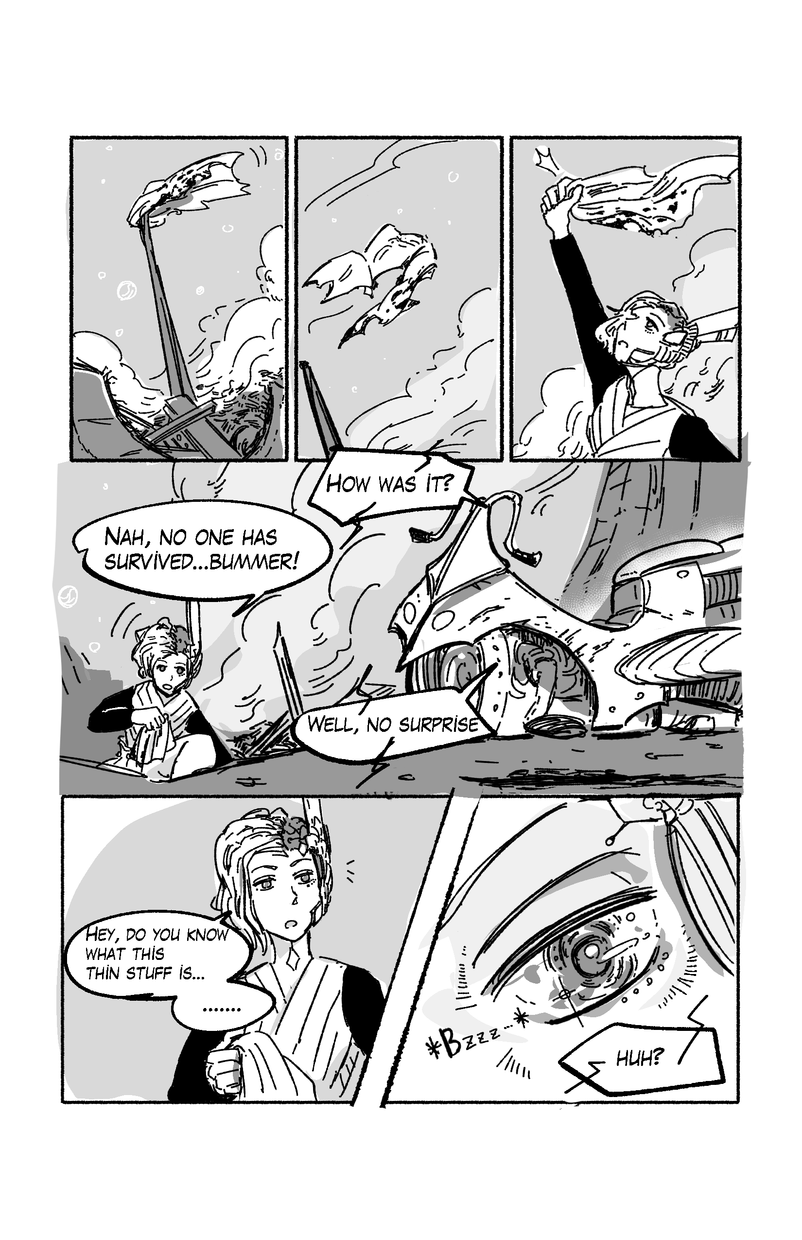 Time passes, a piece of cloth flies off some part of the wreck and the android catches it. The android returns to the bike, who asks 'How was it?'. 'Nah, no one has survived... bummer!'. 'Well, no surprise'. The android looks at the cloth and then lifts his gaze 'Hey, do you know what this thin stuff is...', but gets distracted as his eye detects something, buzzing. 