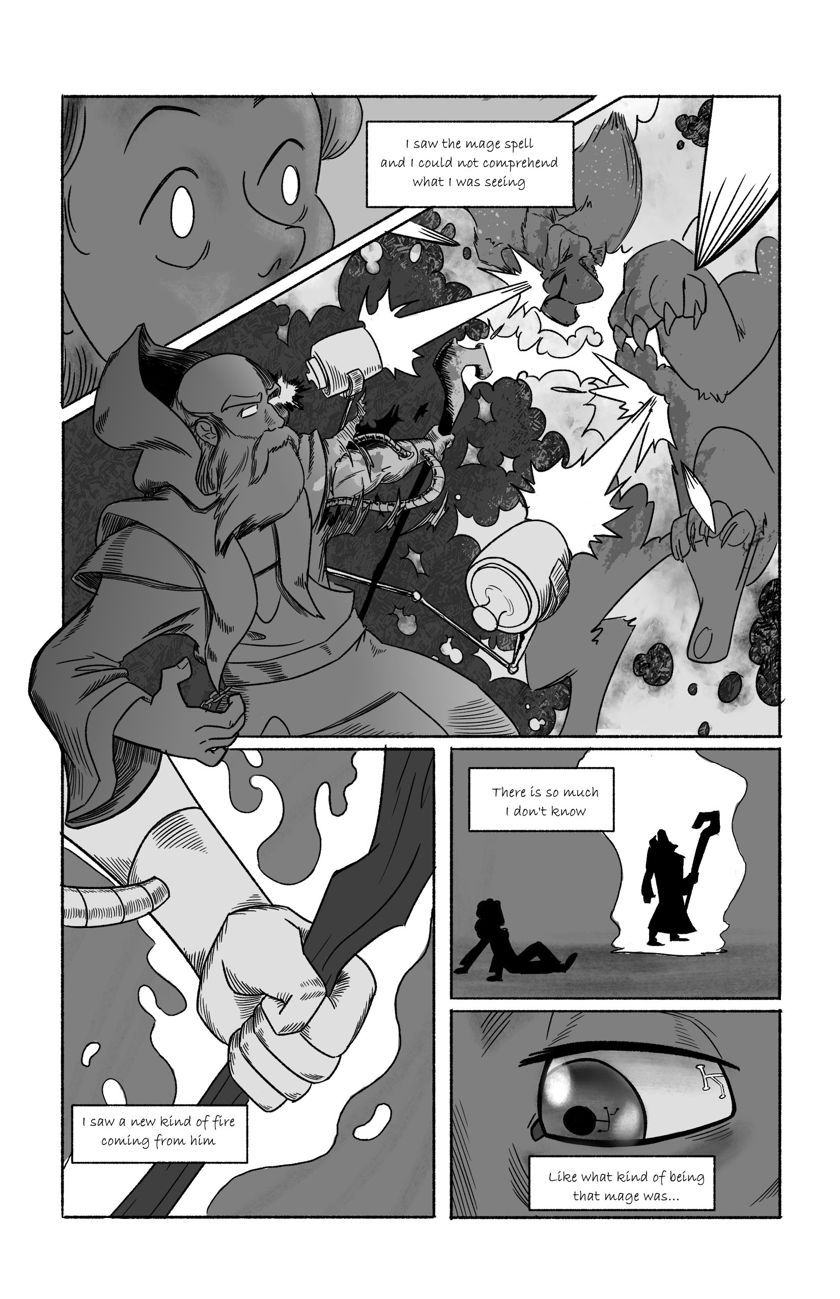 Sar looks astounded as the mage's eyes glow, machines coming out of his arm and shooting lasers at the Chimer-cat. After finishing the monster, the mage looks at Sar kindly. Narration reads: 'I saw the mage spell and I could not comprehend what I was seeing. I saw a new kind of fire coming from him. There is so much I don't know. Like what kind of being that mage was...'