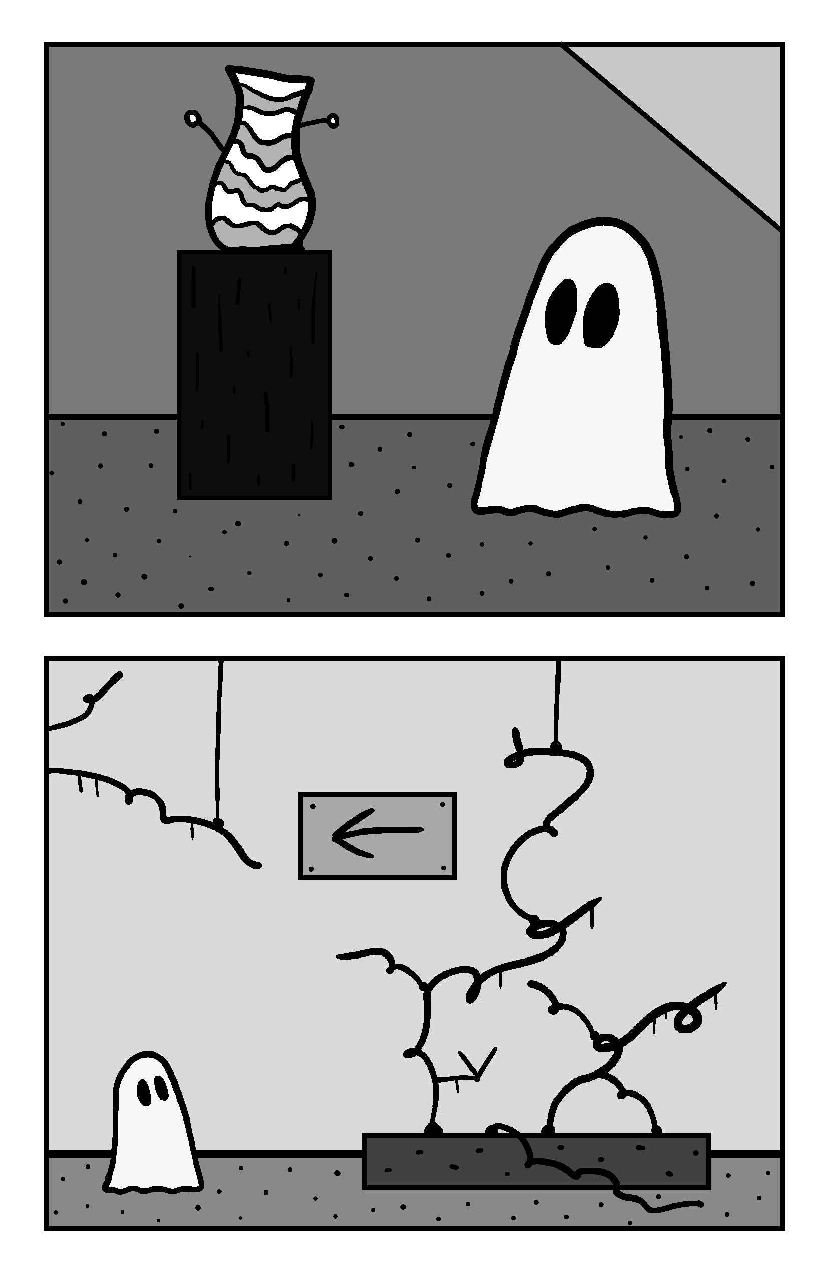 The ghost looks at a piece of ceramic, then at a strange piece of art that towers over it.