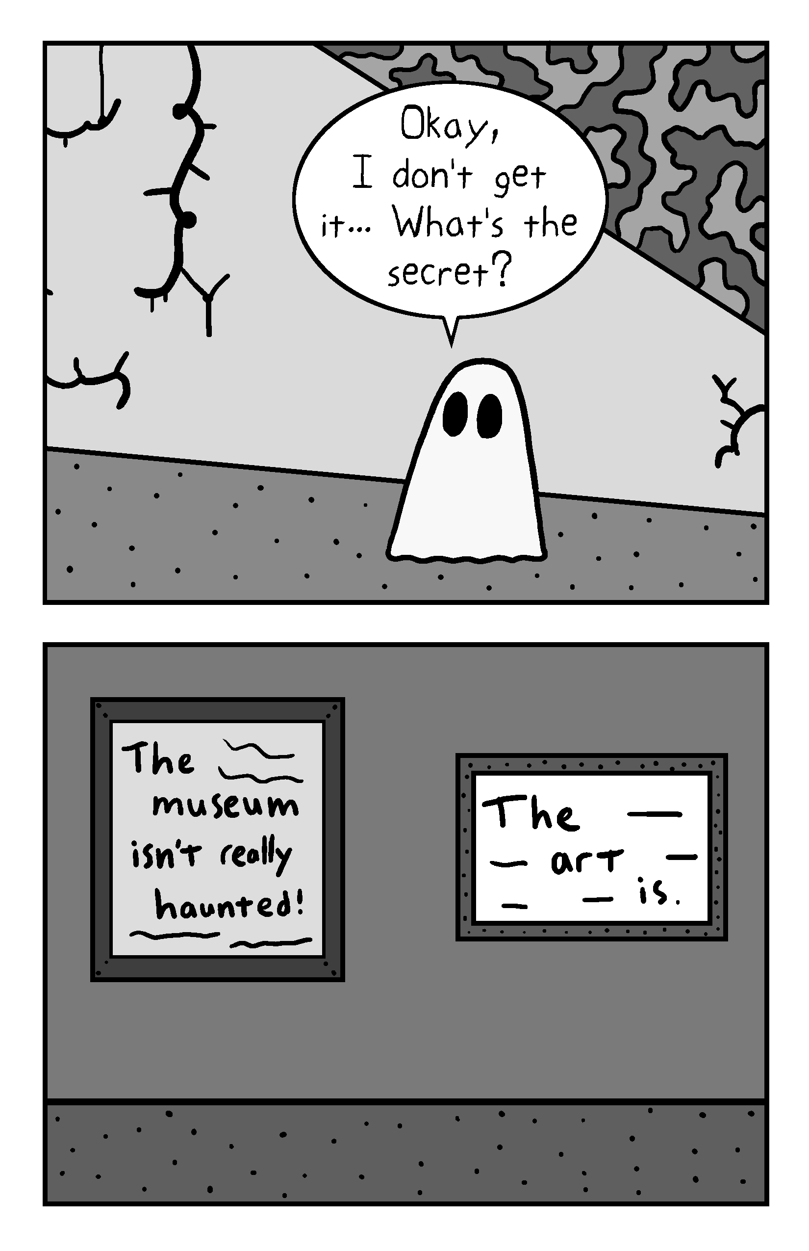 The ghost pauses and asks 'Okay, I don't get it... What is the secret?' The art on the walls morphs to say 'The museum isn't relly haunted! The art is'.