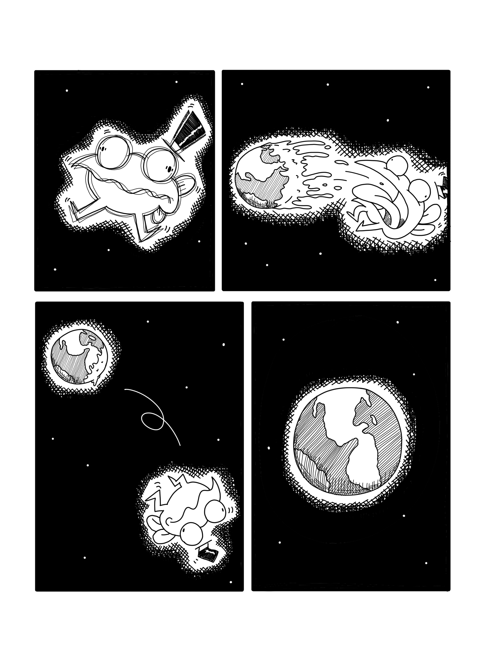 In this page the Frog starts shaking and pukes up what looks to be the earth. The Frog floats away and the earth remains in space.