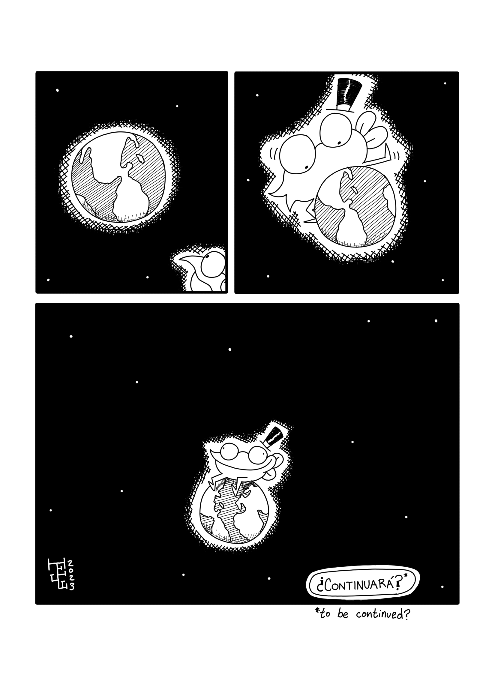 In this page the Frog goes back to the earth, looks at it with curiosity and sits on it, content.