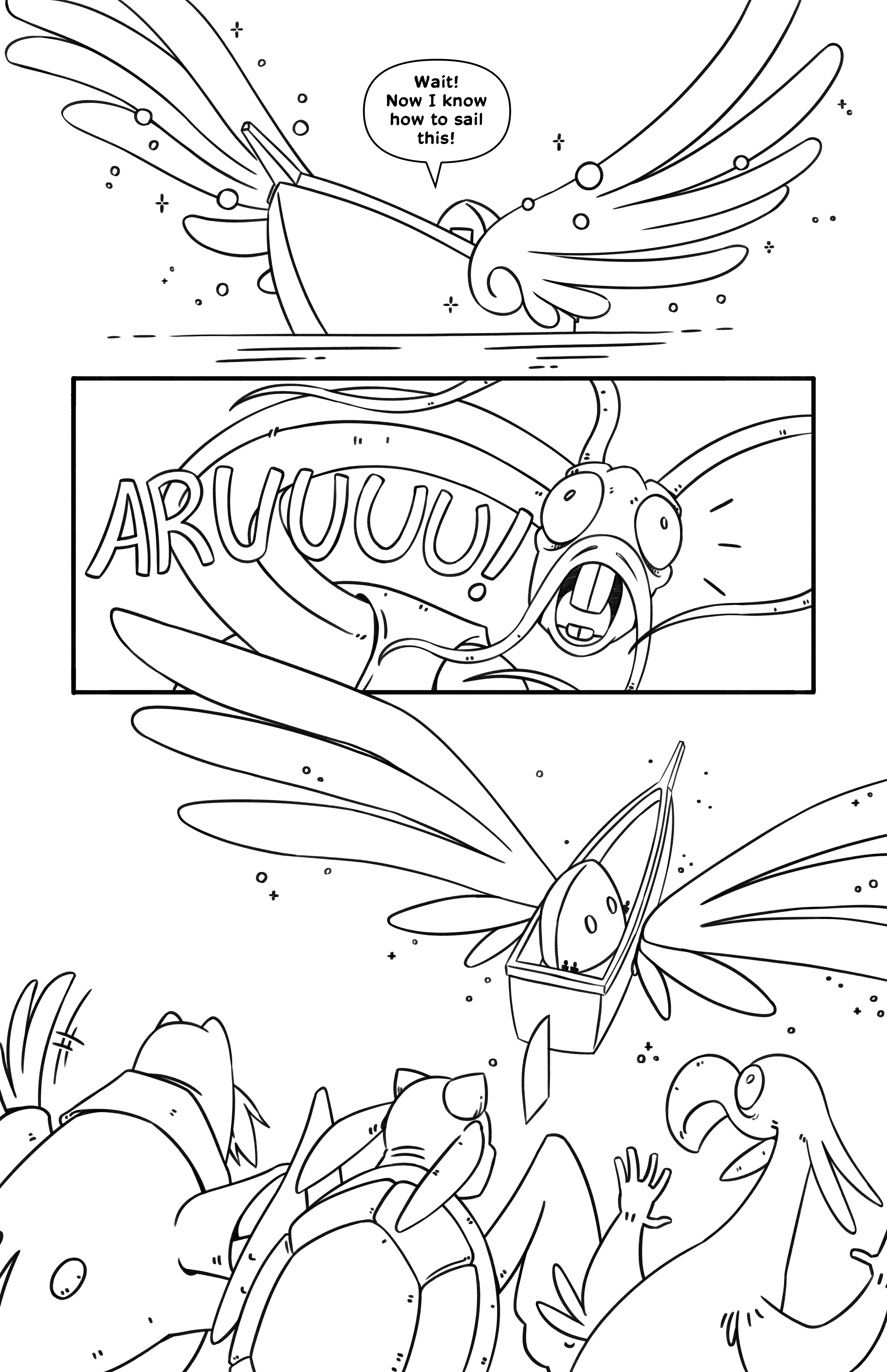 The ship sprouts wings, and  Nibs exclaims 'Wait! Now I know how to sail this!'. The Jabberwocky turns to look at them, yelling 'ARUUUU!'. The ship flies away as the walrus, mock turtle and dodo watch.