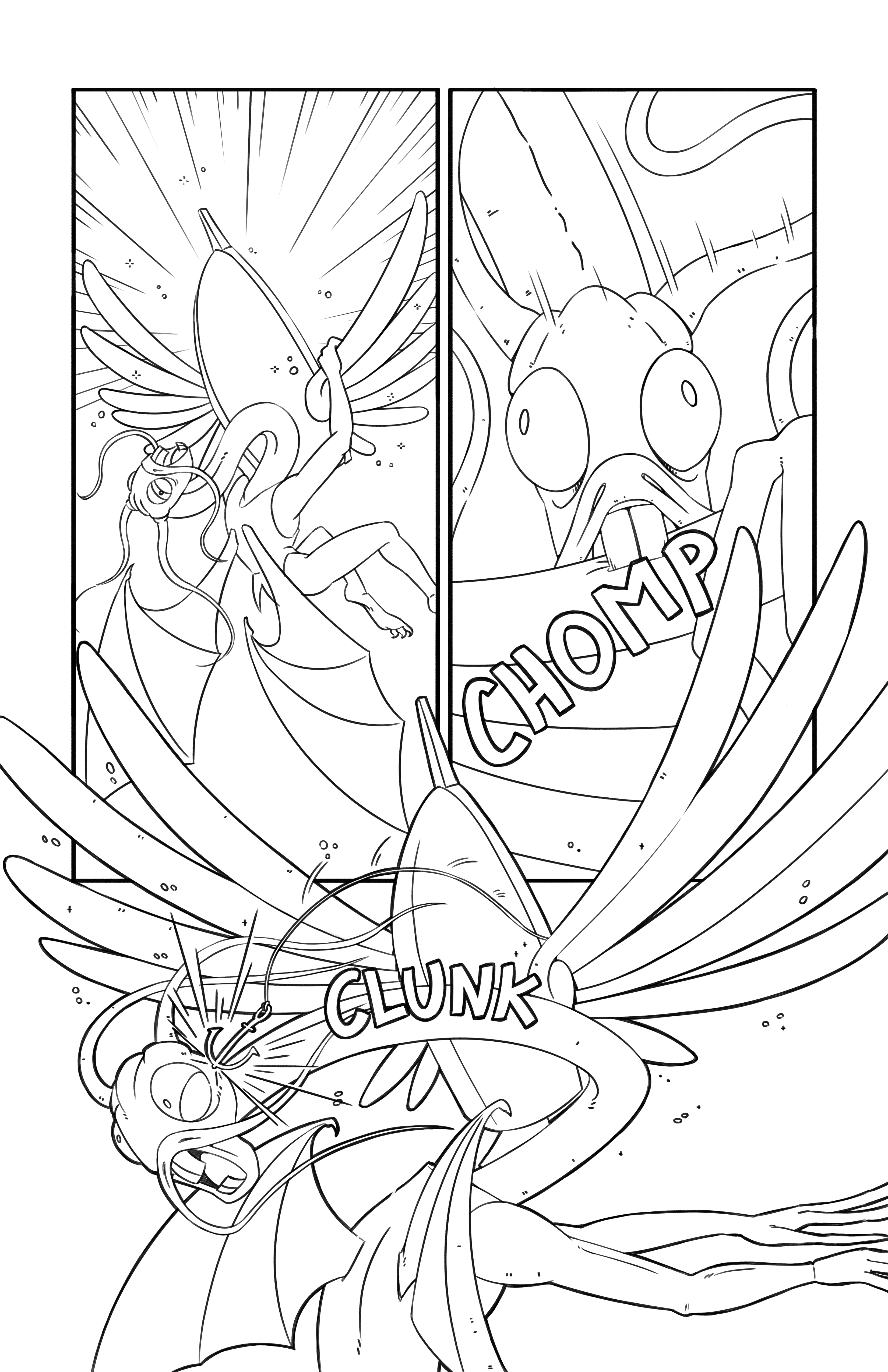 The Jabberwocky catches up to the ship and and bites into the hull. Then Nibs throws the anchor and hits it in the face.