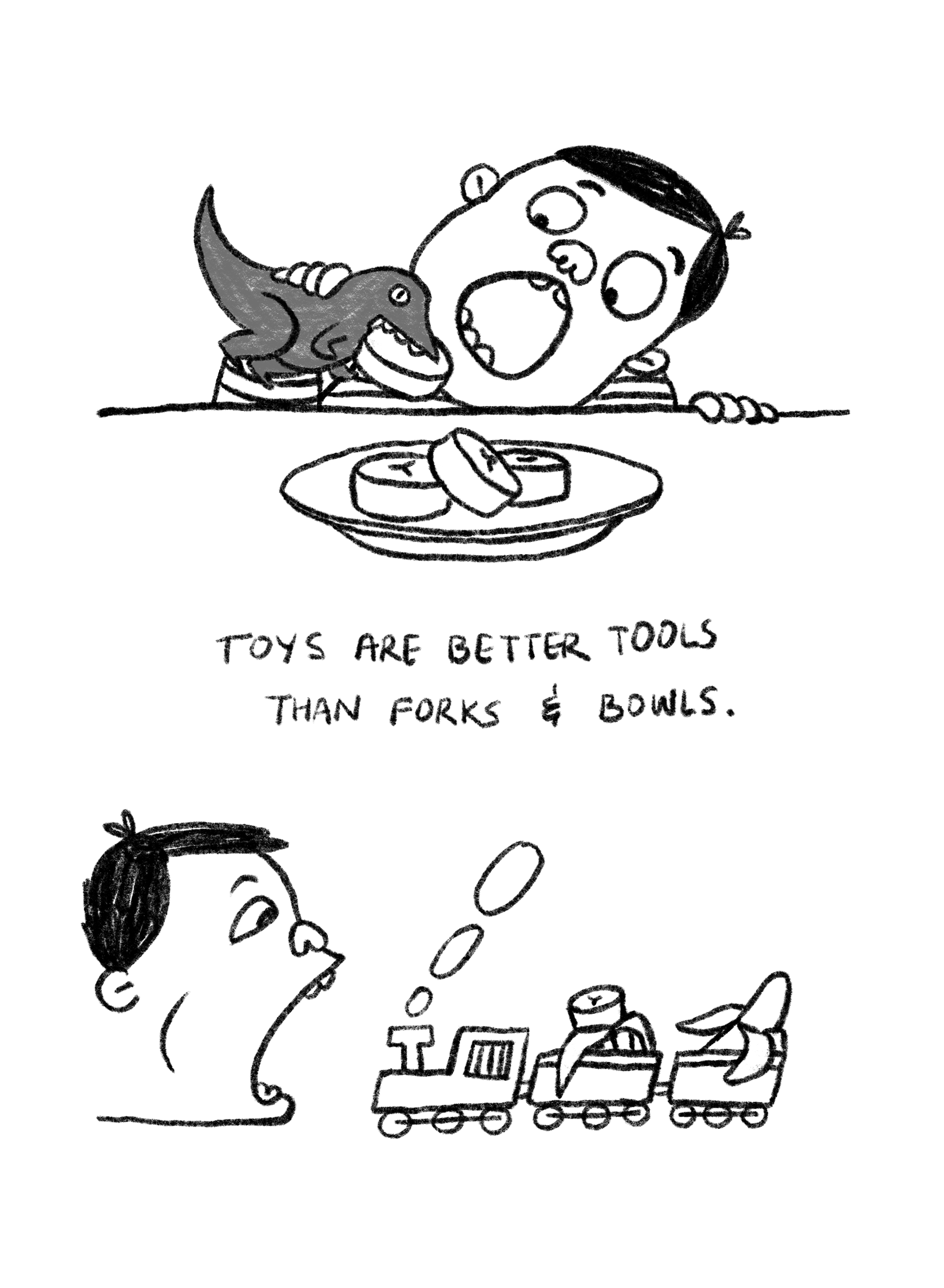 In this page the toddler plays with a toy dinosaur and uses it to eat some banana. Then plays with a toy train and also uses it to eat the banana. Text reads 'Toys are better tools than forks & bowls.'