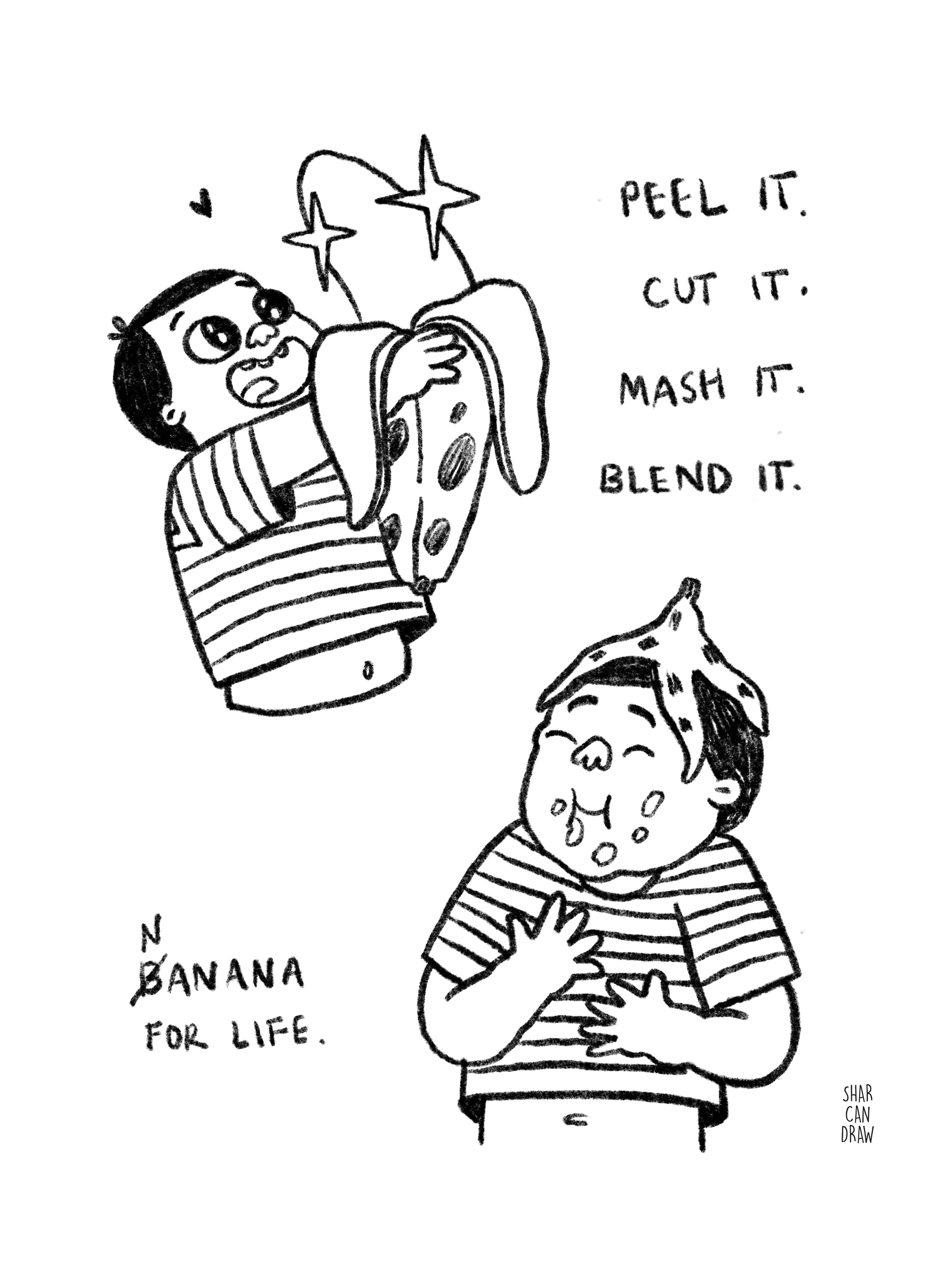 This page shows the toddler excitedly eating the banana. Text reads 'Peel it. Cut it. Mash it. Blend it. Nanana for life.'