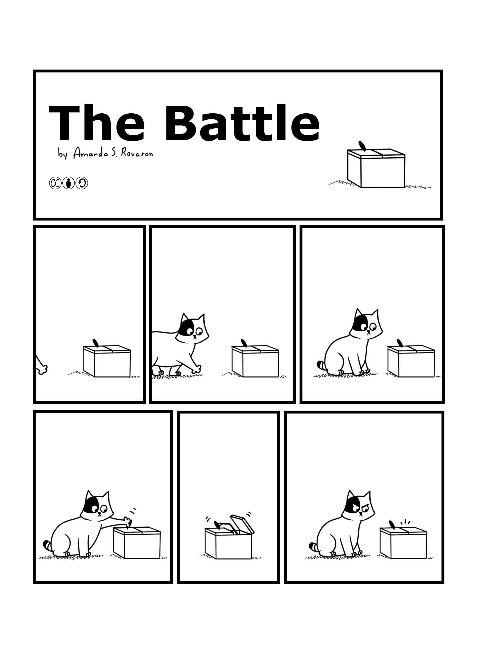 This page shows a cat arriving at a trick box that has a lever. The cat pushes the lever and a little robot arm comes out and pushes it back. The cat is not impressed.