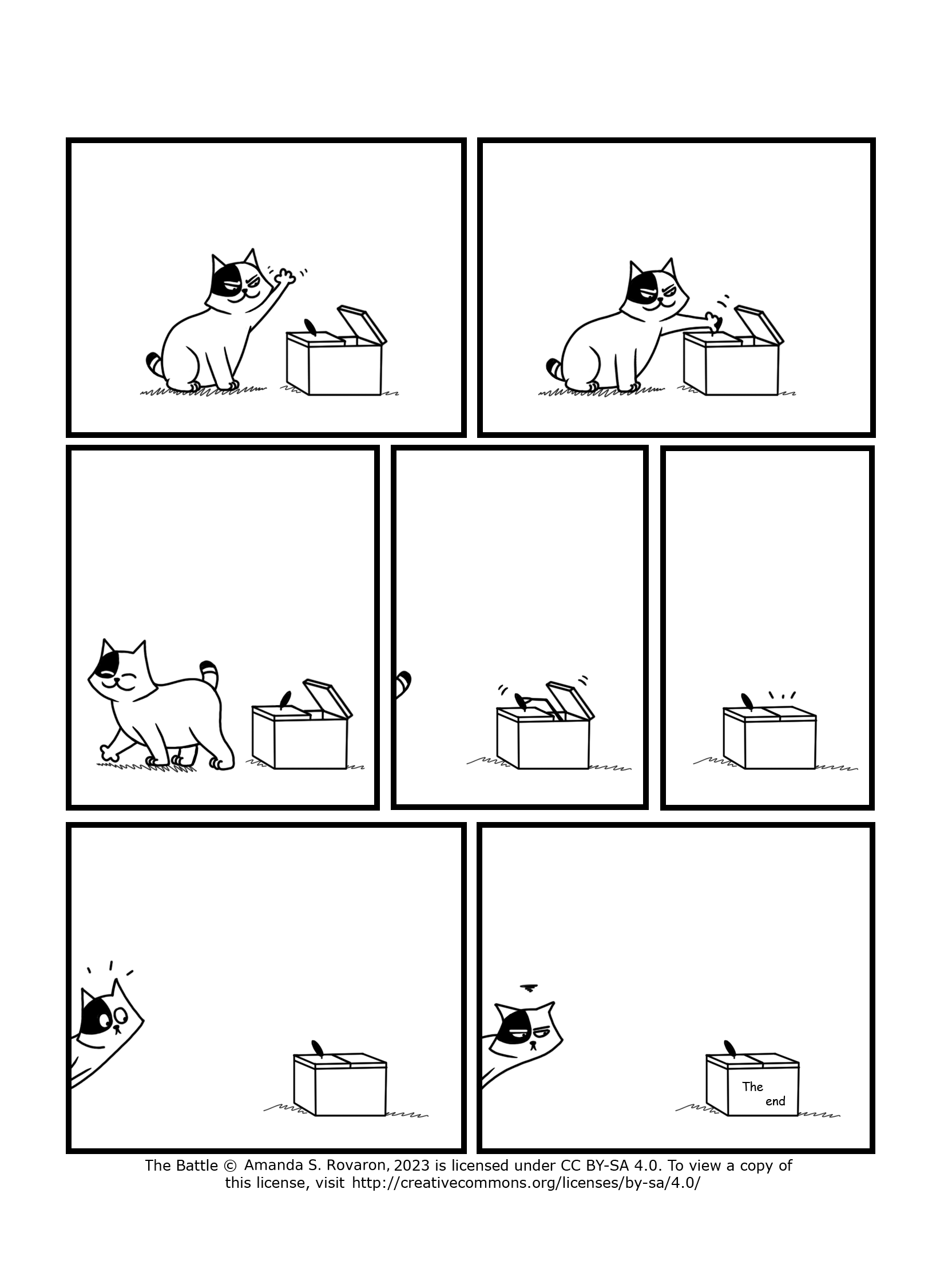 In this page the cat is proud of itself, and it pushes the lever one last time before walking away. The robot arm comes out and pushes the lever again. The cat notices and is not impressed.