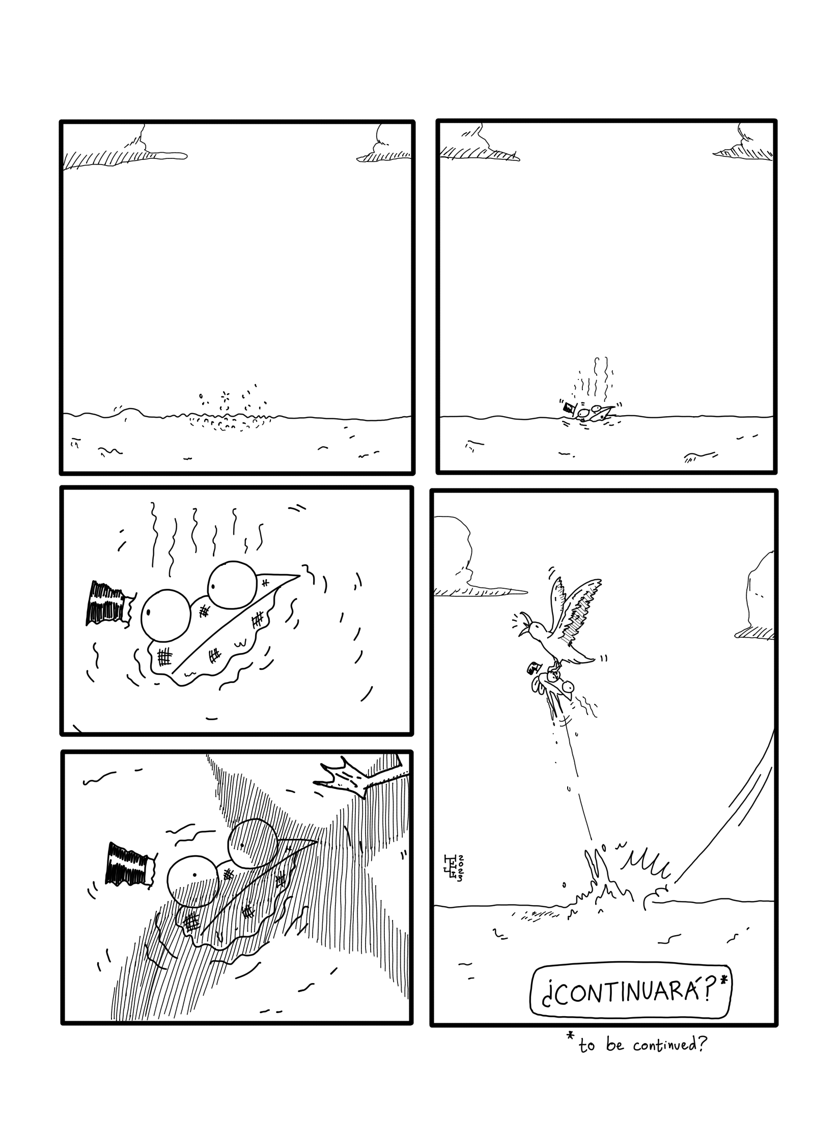 In this page The Frog falls into Earth, through the clouds, gaining speed until it crashes agains the ocean, causing an explosion.