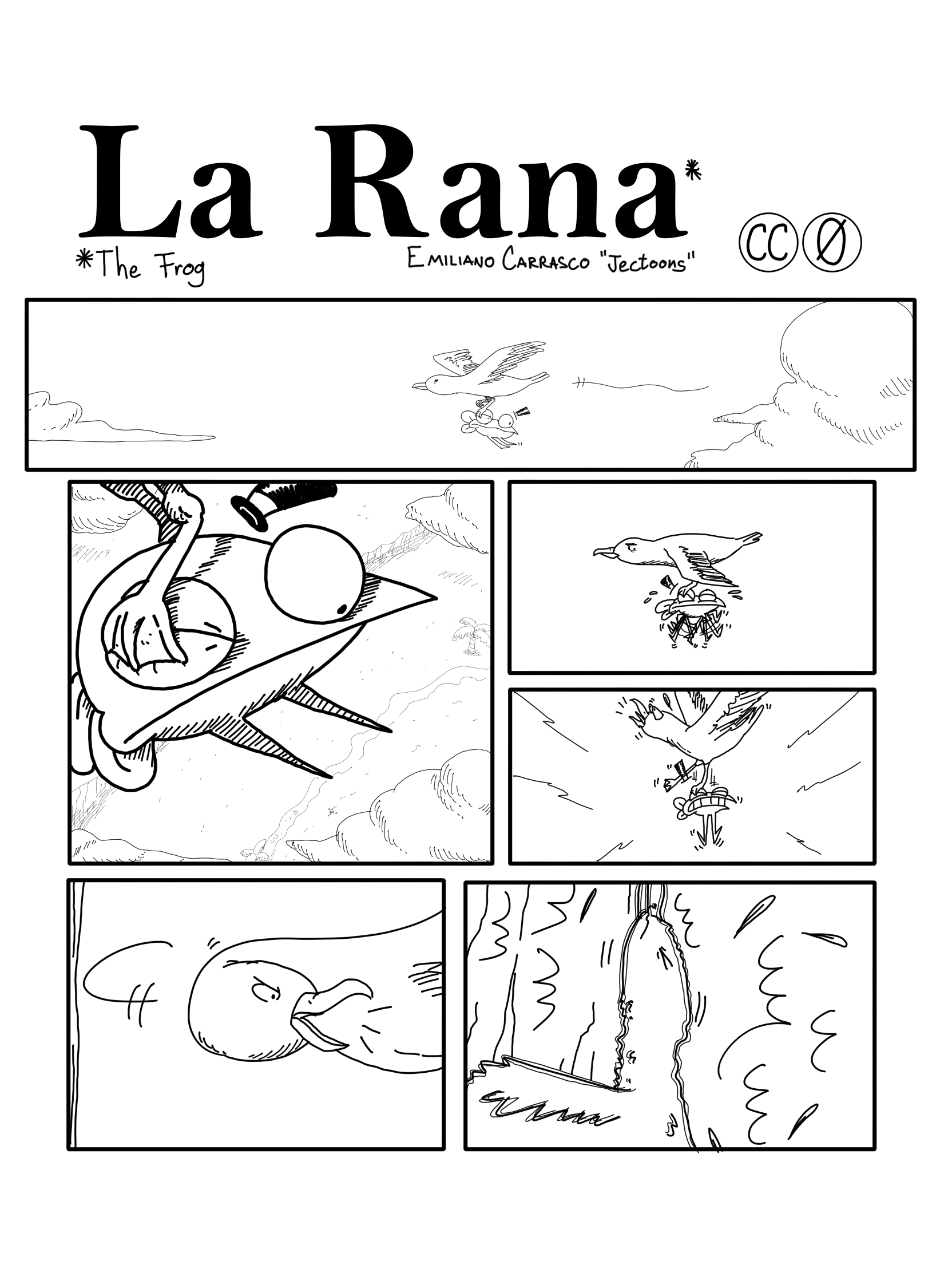 In this page La Rana is being carried away by the seagull. La Rana kicks around and distracts the seagull, who crashes against a cliff.