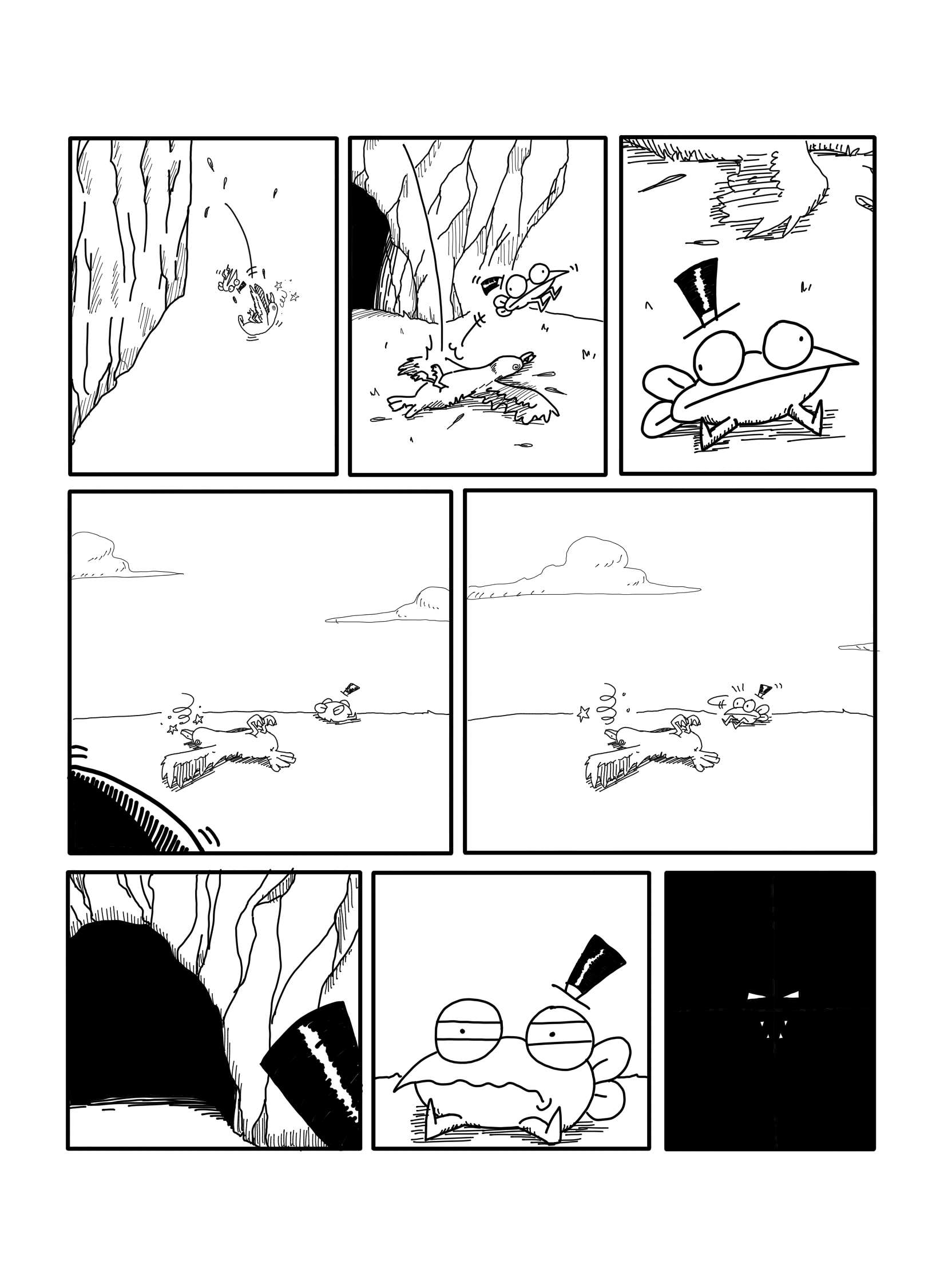 In this page the seagull and La Rana fall off the cliff and land on another cliff, on a patch of grass. Something is watching La Rana, while the seagull is dazed, and when la Rana turns it just sees a cave. It squints, and within the cave La Rana sees some evil eyes and fangs.