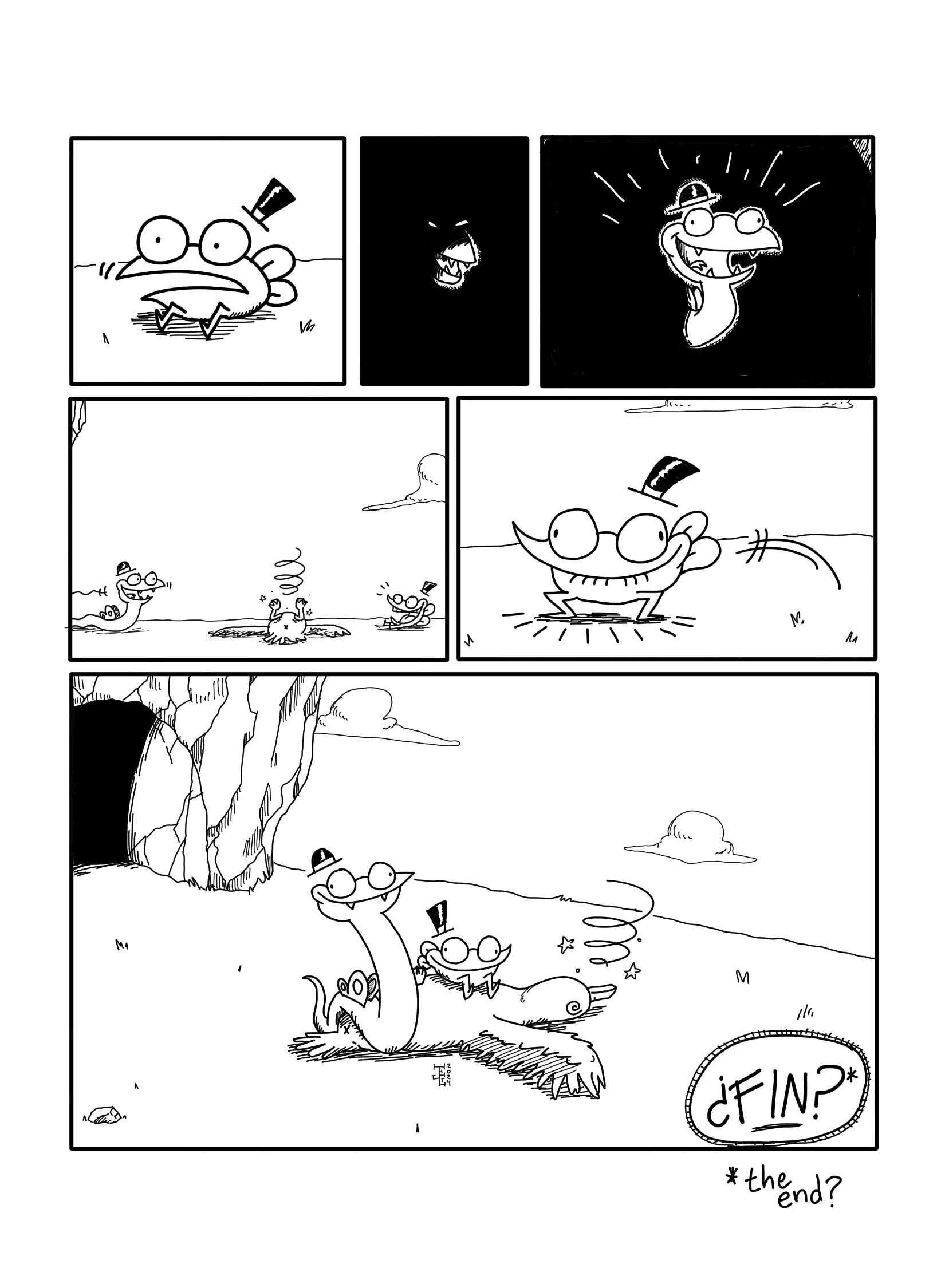 In this page La Rana watches as the creature comes out of the cave, and it turns out to be a goofy looking snake with a hat, much like La Rana itself. They meet happily and sit on top of the passed out seagull.