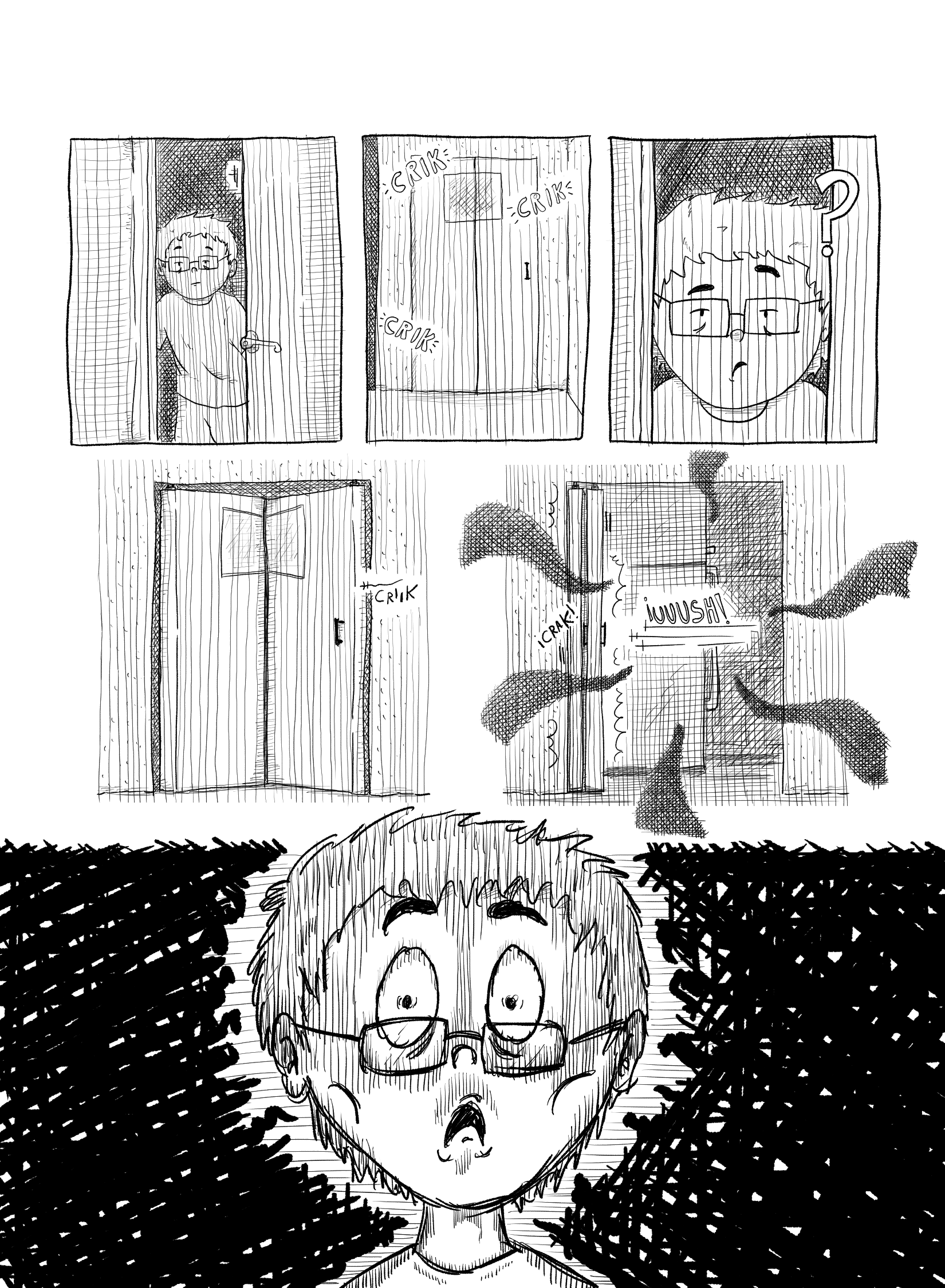 In this page the young Ject opens the door and sees a Folding Door creaking. He is confused and suddenly the folding door opens on it's own, fast and suddenly. Young Ject is terrified and shocked.