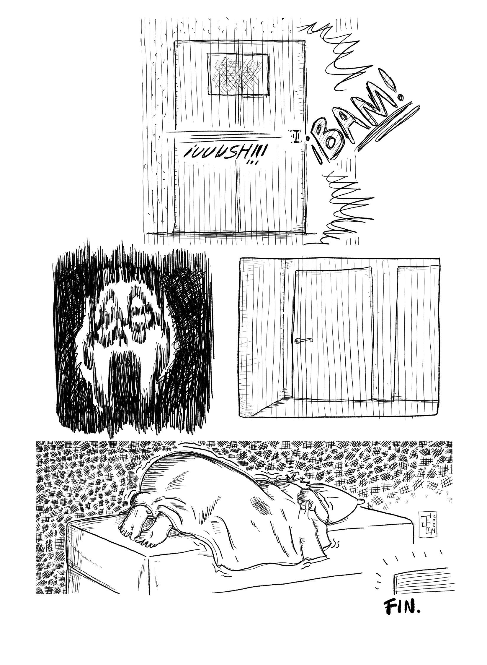 In this page the folding door suddenly and forcefully closes itself, prompting Young Ject to panic heavily. He closes his door and hides under his blankets.