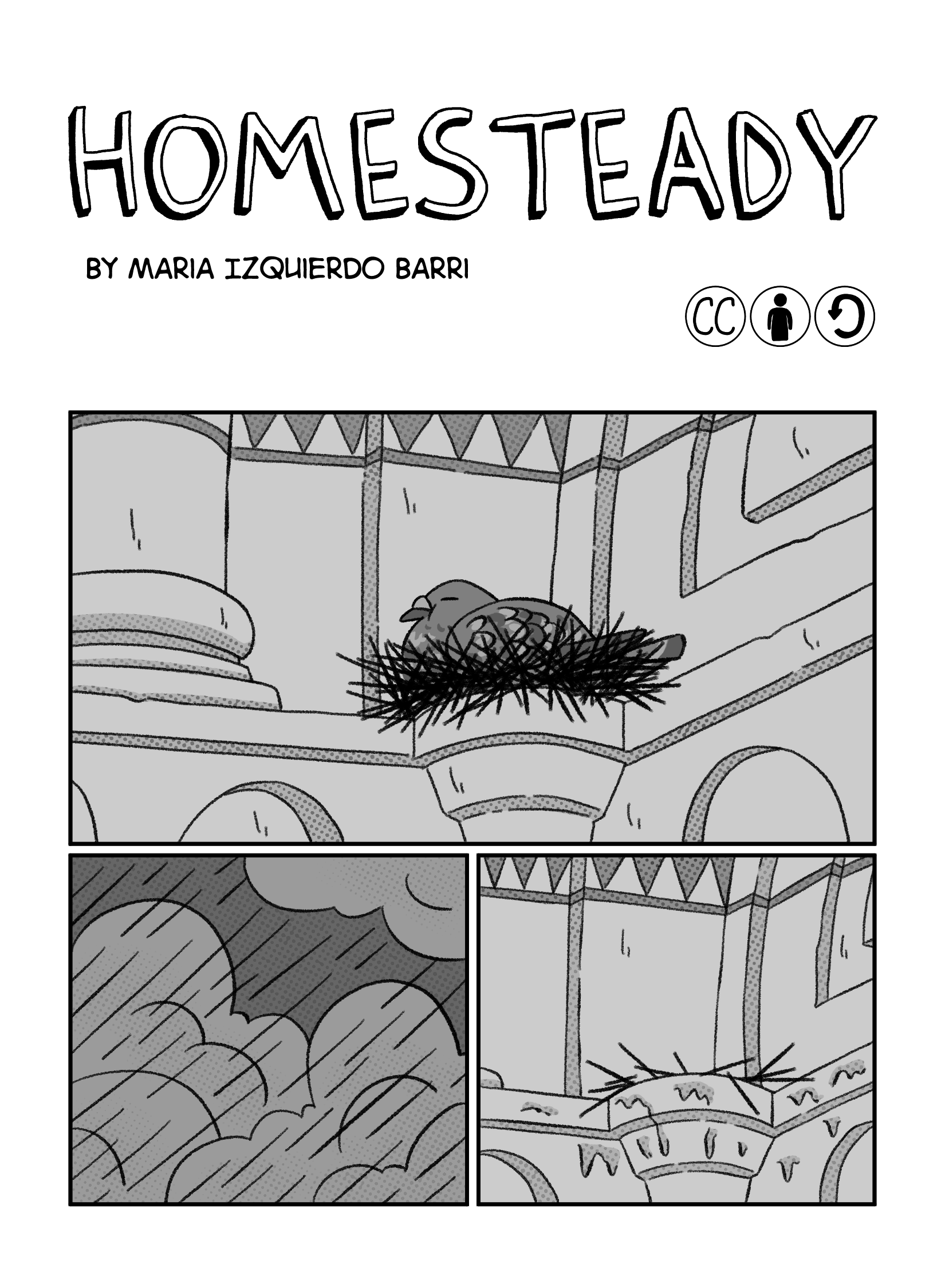 First page of María Izquierdo's 'Homesteady'. We see a pigeon nesting on a column, and then it rains and its nest gets destroyed, the pigeon is missing.