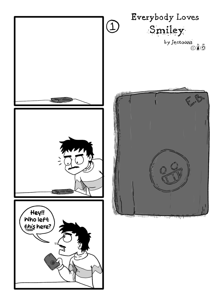 First page of Jectoons' 'Everybody Loves Smiley' #1. Ernie finds a book on his desk, and curious, he picks it up and asks 'Hey!! Who left this here?'. On the right side of the panels we see the book, a tattered volume with a smiley face etched on it and the letters 'E.B.'.'