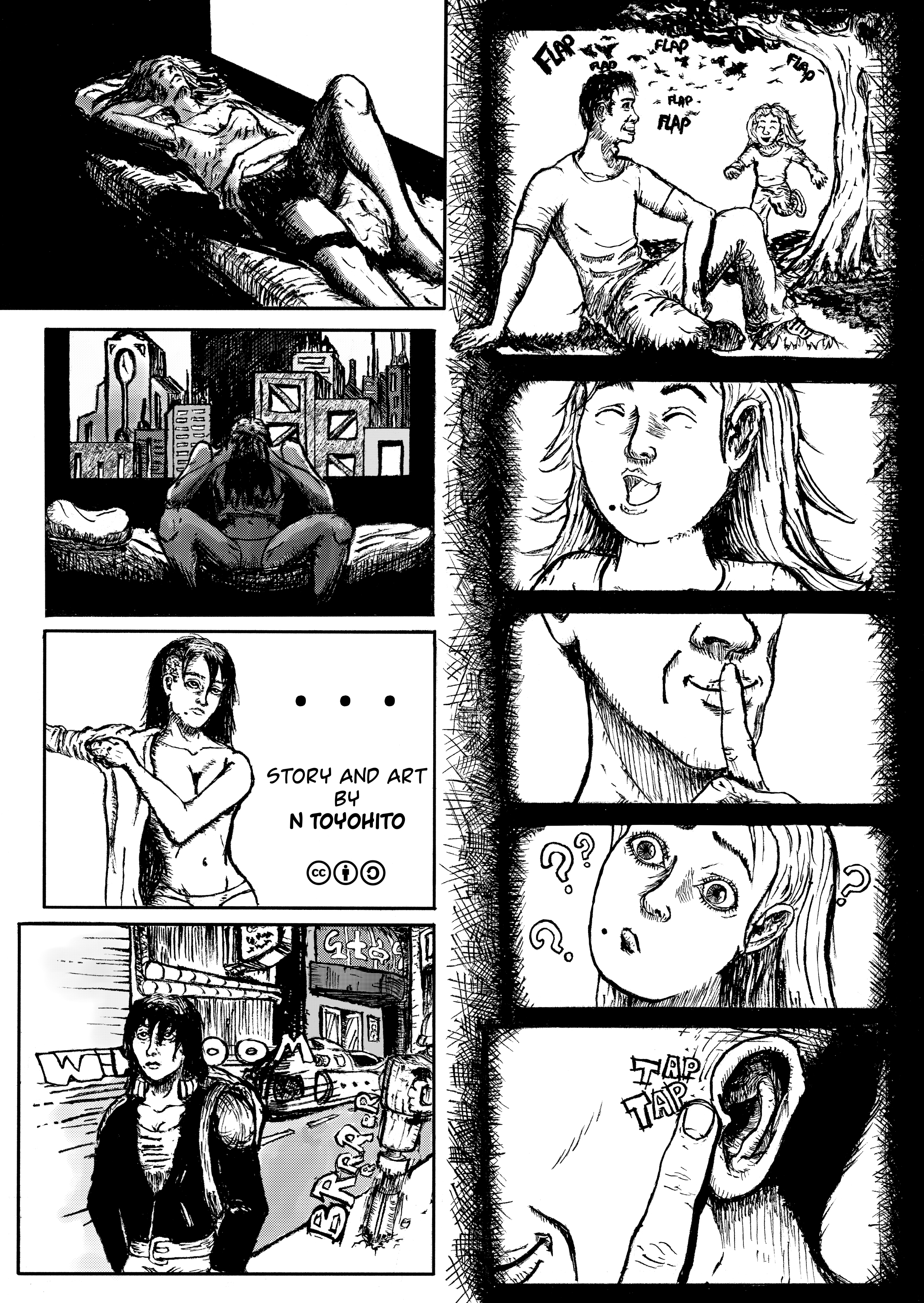 First page of page of N Toyohito’s 'Dot Dot Dot' We see a woman laying on a bed, she sits up and places her head on her hands. We see her dress up in a jacket and jeans, with a vacant expression, we also see she has a mole on her chin. Then we see her walking through a futuristic street loud with the sound of construction and passing vehicles. In a scene parallel to this we see a smiling child running towards her dad, the sound of the flapping wings of a flock of birds behind her. The child has the same mole on her chin as the woman earlier. Her dad smiling, makes a sign to her to keep quiet. She looks at him quizzically. The dad taps his ear to sign that she pays attention to what she hears.