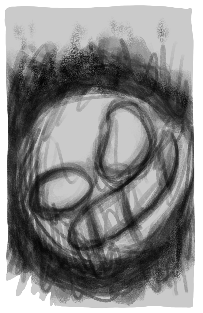 In this page we see a crudely drawn smiley face on a tattered paper.