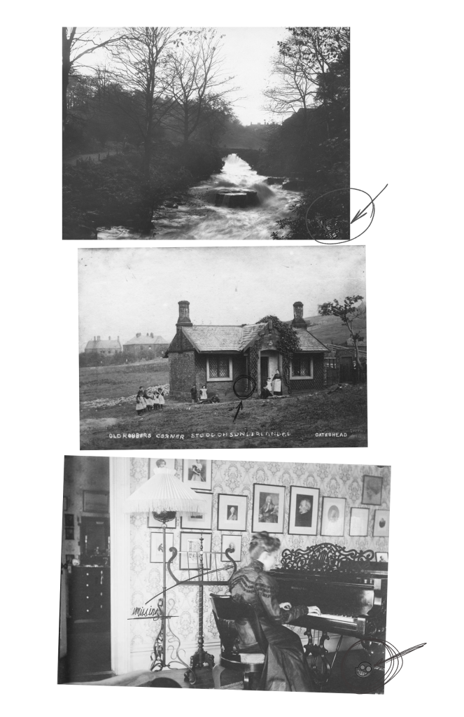 This page we see three photographs. The first one is of a river, with the Smiley hidden in the lower right corner, behind some plants. The second photograph is oh a house, where some people are standing. The Smiley is peeking from behind a pillar. Th third photograph is of a woman playing piano, the Smiley hiding under the piano. There's some writing pointing at the woman, reading 'missing'.
